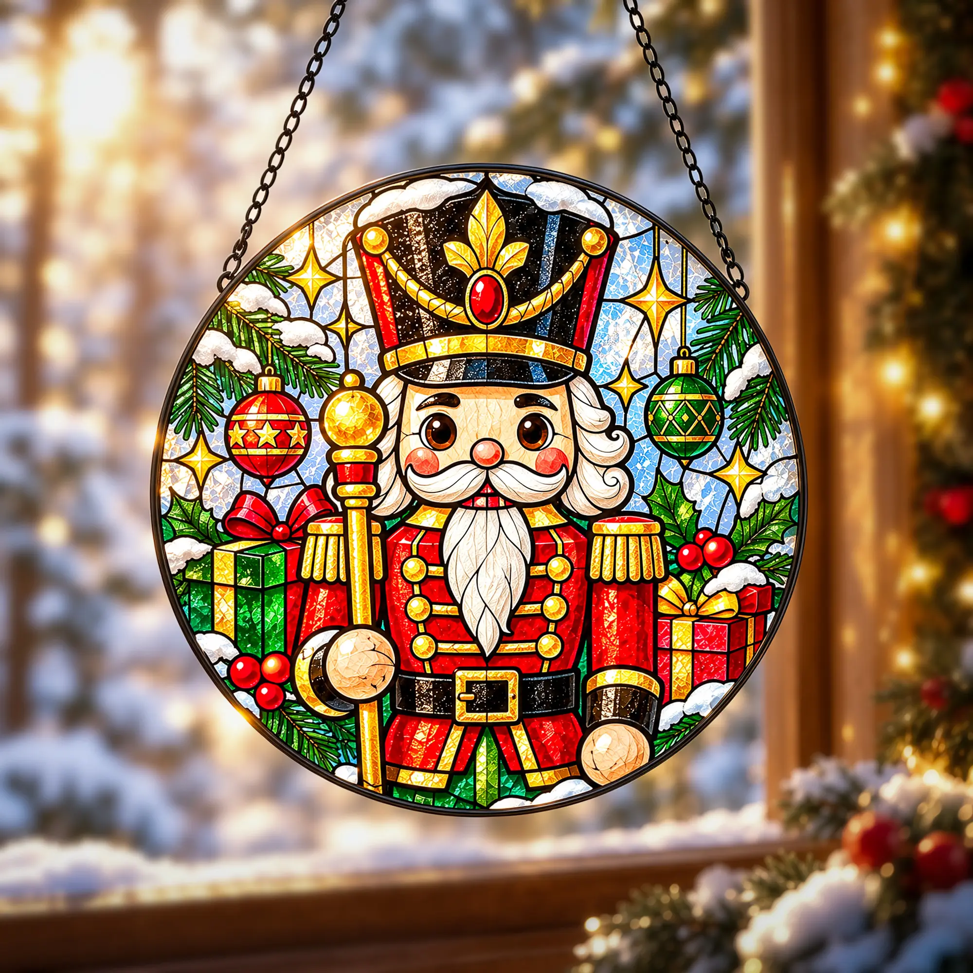 Christmas Nutcracker Stained Glass Suncatcher, Nutcracker Soldier Window Hanging, Traditional Christmas Window Decoration