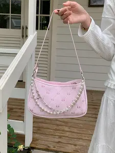 Pearl Chain Bag Sweet Cute Underarm Bag Chain Strap Shoulder Fashion Shoulder Crossbody Bag Floral Embossed Satchel Versatile Commuter Bag for Women, Stylish and Elegant Design