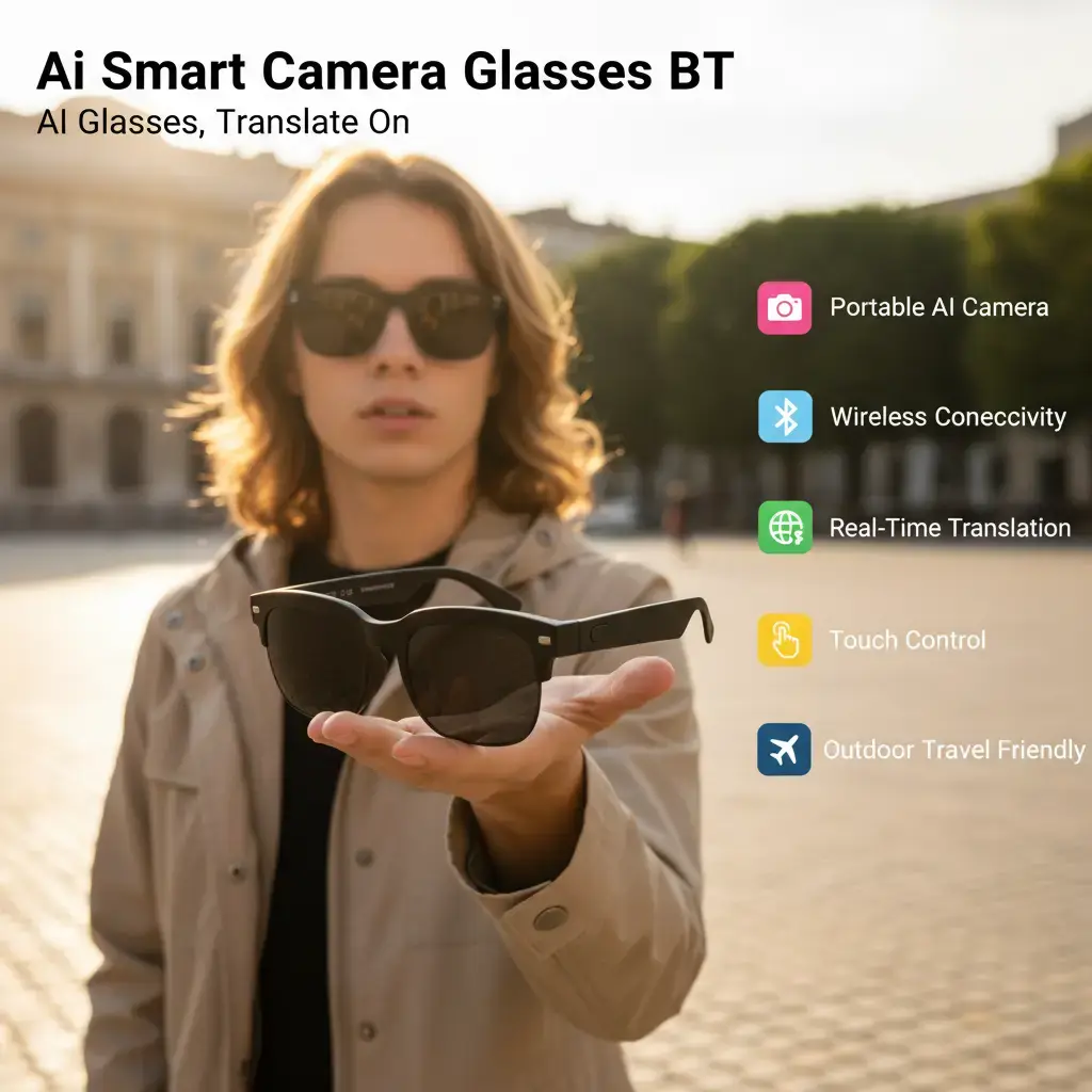 Portable AI Smart Glasses for Unisex Adults, Wearable Tech Eyeglasses with Camera, Wireless Bluetooth, Real-Time Translation, Multifunctional Buttons, Touch Control, Open-Ear Audio, Ideal for Outdoor Hiking & Sports