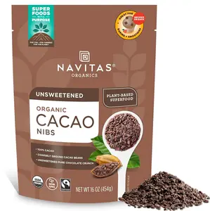 Navitas Organics Cacao Nibs – Unsweetened Dark Chocolate Crunch – Antioxidants, Minerals, Fiber – For Trail Mix, Baking & More – USDA Organic, Fairtrade, Non GMO, Gluten Free, Non-alkalized (16oz. Bag 151 Servings)
