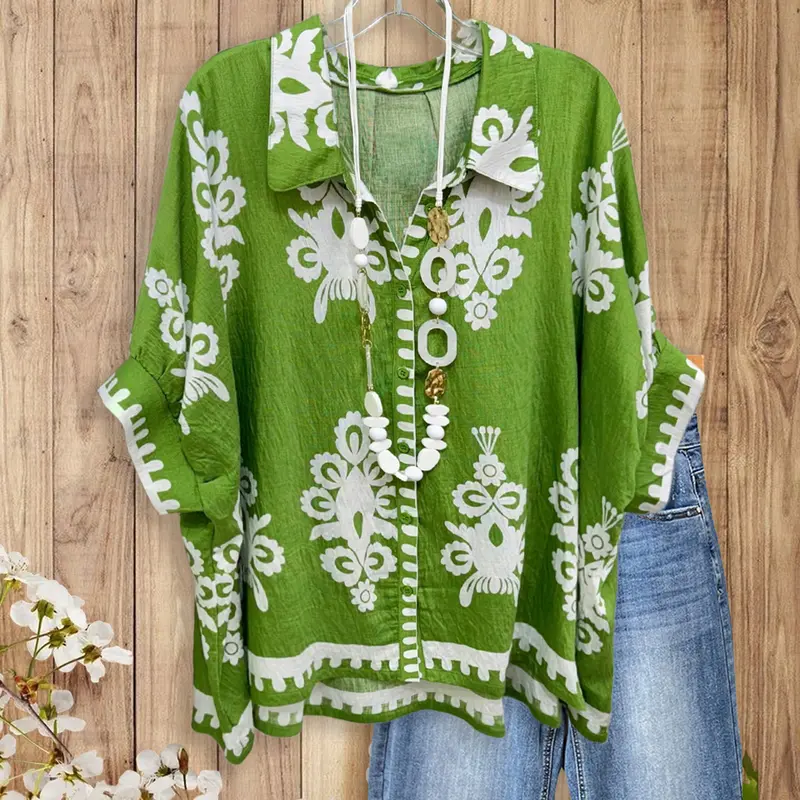 Women's SageVell Boho Green Abstract Bouquet Floral Spandex Blouse - Oversized Fit, Retro Collar, Flowy Batwing Half Sleeves, Comfy Casual Top for Beach Day, Coffee Runs, Evening Outings, Vintage Teacher Outfit