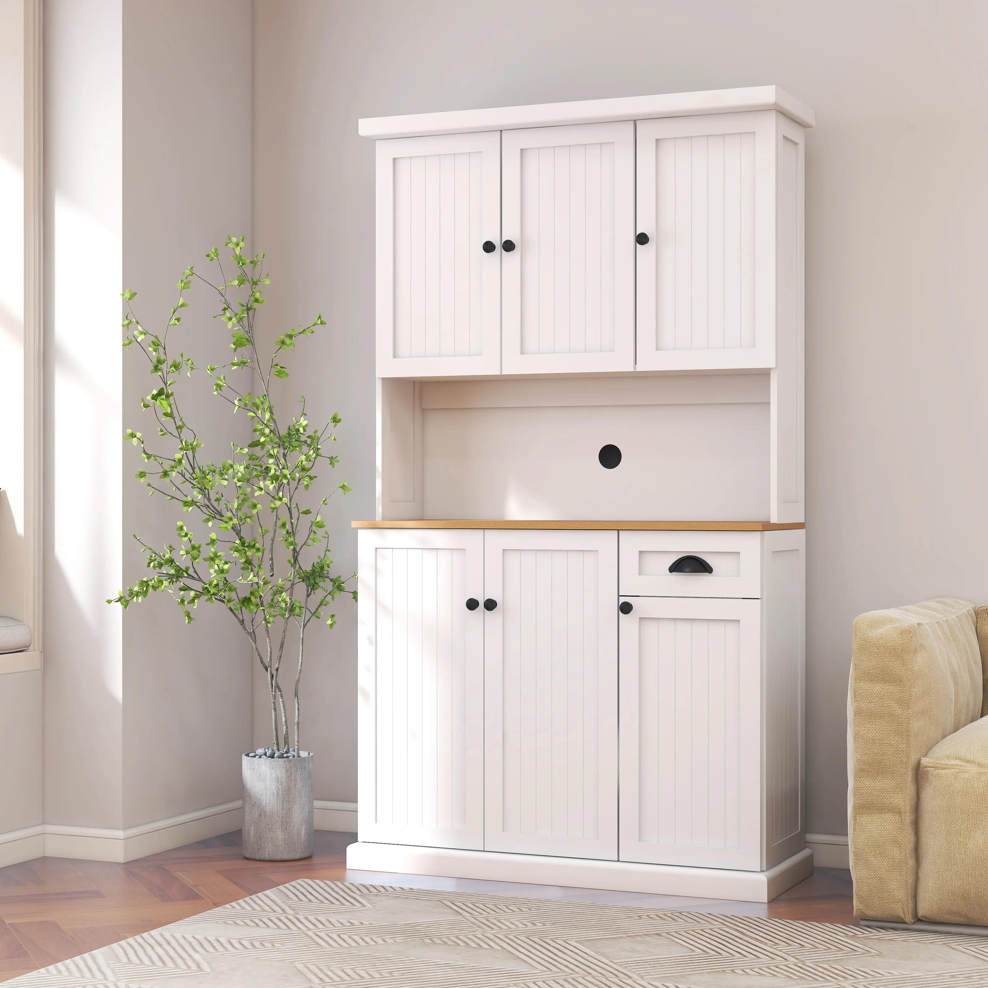 YYDS Mall 71 in Freestanding White Modern Waterproof UV-Painted Kitchen Storage Cabinet, Dining Room Sideboard with Microwave Countertop, 6 Doors, 1 Drawer, Adjustable Shelves, 120 lbs Capacity, Anti-Tip Design, Durable, Wipe Clean, Assembly Required, Sta