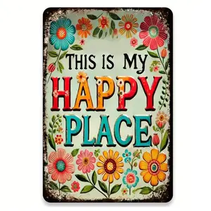 1PCS Garden Flowers Metal Tin Decorative Sign This Is My Happy Place Wall Mounted 2D Flat Sign 8 x 12 Inches Outdoor Patio Garden Greenhouse Fence Wall Decor