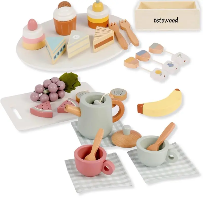 31PCS Tea Sets for Toddlers Girl and Boys Birthday Gift 3 Year Old Princess Party Wooden Play Food Toy Sets for Kids Kitchen Accessories Age 3 4 5 Wood Educational Toys