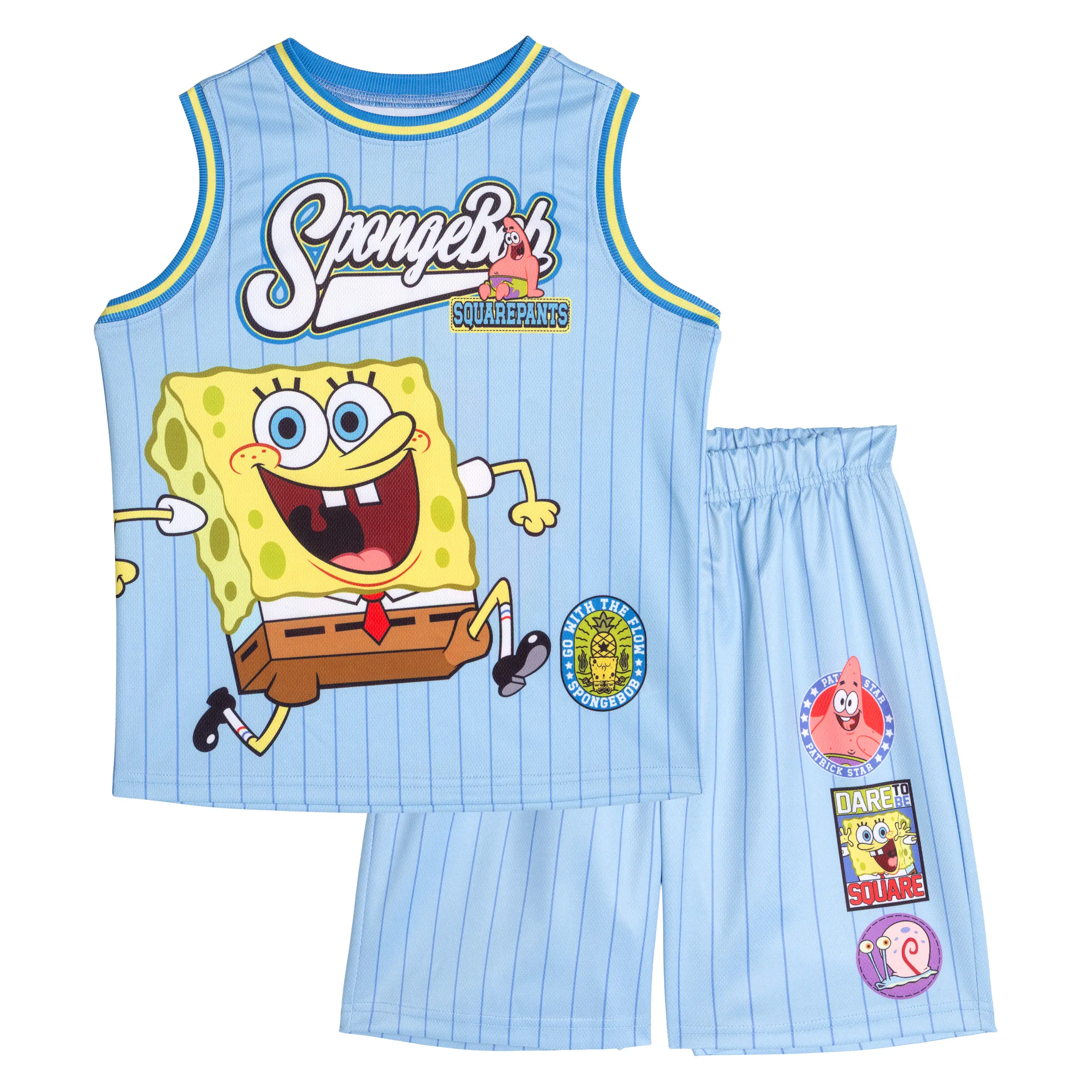 SpongeBob SquarePants Boys' Sleeveless Graphic Jersey and Mesh Shorts Outfit Light Blue Little Kid to Big Kid