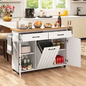 COSTWAY Kitchen Island w/Trash Bag Storage, Rolling Cart w/2 Pull-out Drawers, Spice Rack, Towel Rack, 2 Single-door Cabinets, Adjustable Shelves, Rolling Island Table for Kitchen, Dining Room (Black/White)