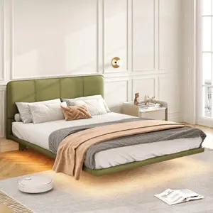 Full  Frame with LED Lights, Modern Upholstered PU Leather Platform, No Box Spring Needed, Wood Slat Support & Easy Assembly (Green)