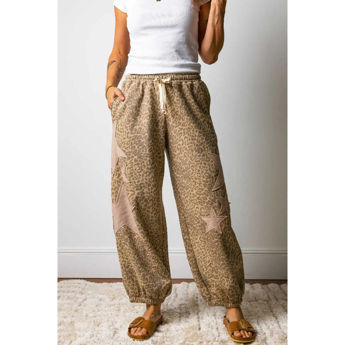 Women's Khaki Joggers - Leopard Print, Star Patches, Drawstring, Elastic Waist - Sports & Outdoor Clothing