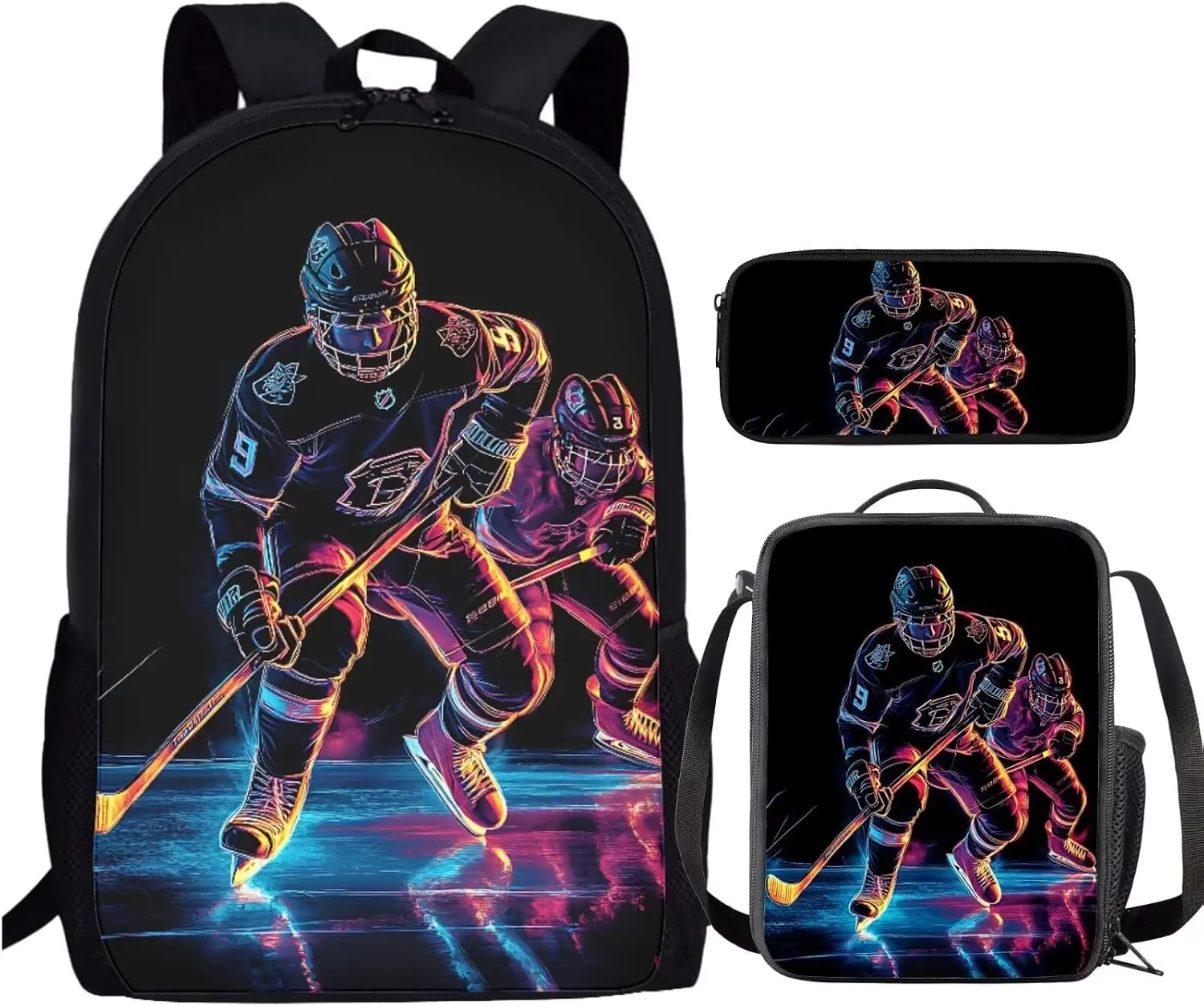 Boys' 3-Piece School Backpack Set, Waterproof Polyester Bag with Neon Ice Hockey Graphic, Includes Insulated Lunch Box & Pencil Pouch, Male, Large, School/Outdoor, Hockey Gear, Large Capacity Backpack, Ergo Shoulder Strap, School/Training