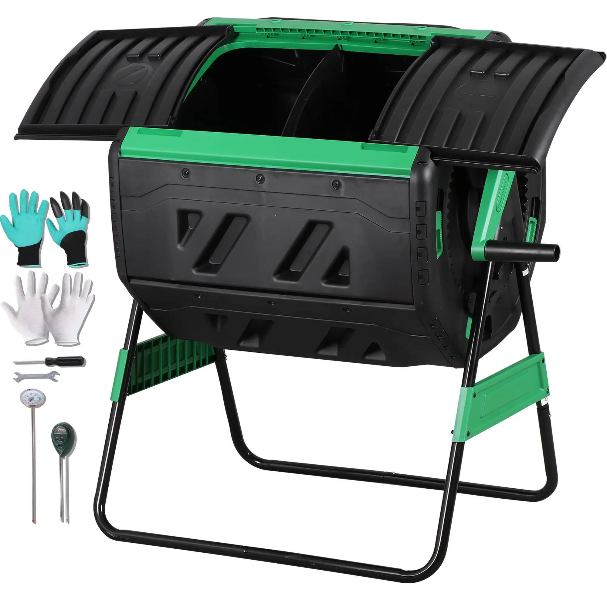SUPERDEAL 53gal Dual Chamber Plastic Rotatable Compost Tumbler - BPA-Free Outdoor Composter with 8 Adjustable Vents, 2 Sliding Doors, Metal Frame - Fast Bin for Kitchen Scraps, Garden Waste