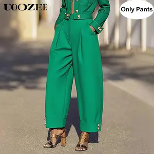 UOOZEE Women's 2025 (Only Pants) High Waisted Rear Elastic Waistband Pleated Green Pants Fashion Split-Joint Pockets Buttoned Urban Casual Office Trendy Trousers Bottoms (Smaller Hip Fit - Check Size Guide or Order One Size Larger)