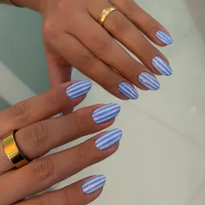 Blue White Striped Almond Press On Nails | Nautical Summer Beach Fake Nails