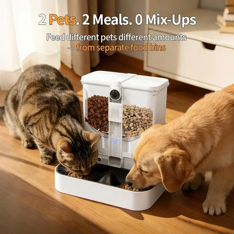 Automatic Cat Feeder Dog Feeder with 6L Dual Hopper, AI Recognition for Up to 3 Pets, 5/2.4 GHz WiFi App Control, 1080p Dual Cameras, Night Vision, 2-Way Audio, Dog Cat Feeding Supply