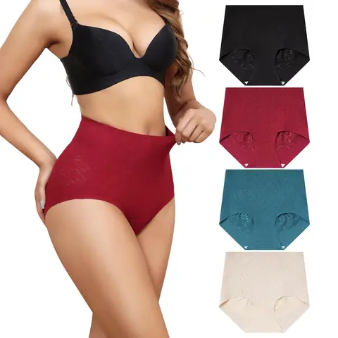 Women's LEVAO 4-Pack High Waist Seamless Lace Panties - Spandex-Nylon-Elastic Fabric, Formal, Comfortable, Tummy Control, Smooth Fit, Breathable, Full Coverage, Hip & Butt Lift Lingerie, Plus Sizes S-XXL, Multicolor Clothes for Women Belt Womenswear