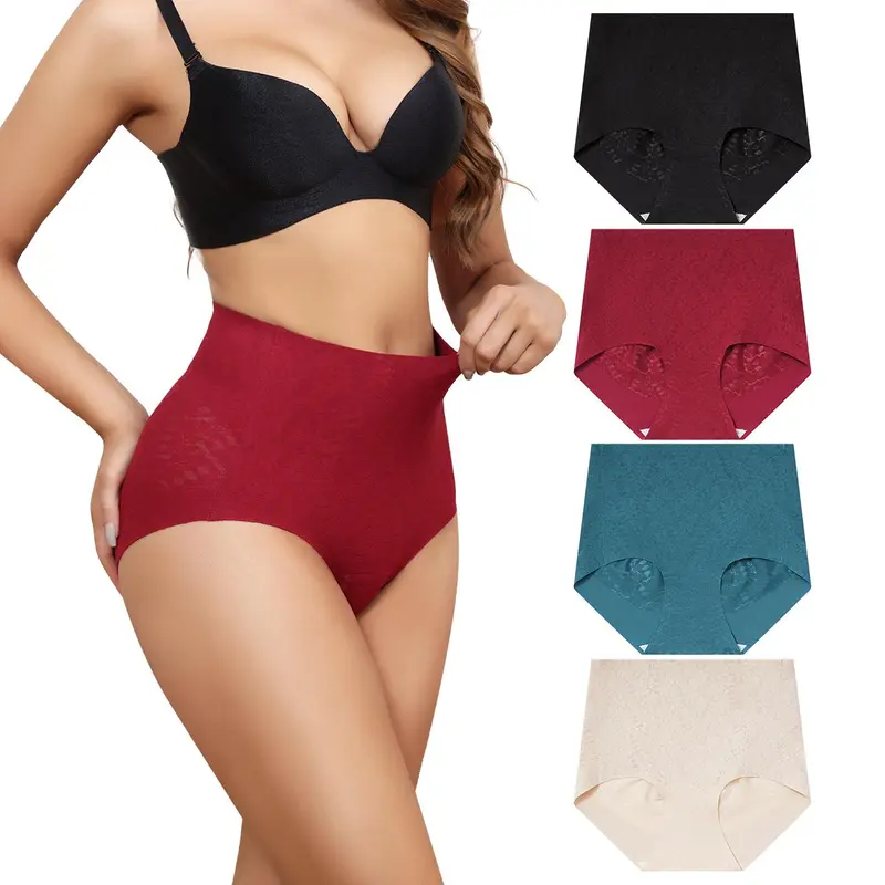 Women's LEVAO 4-Pack High Waist Seamless Lace Panties - Spandex-Nylon-Elastic Fabric, Formal, Comfortable, Tummy Control, Smooth Fit, Breathable, Full Coverage, Hip & Butt Lift Lingerie, Plus Sizes S-XXL, Multicolor Clothes for Women Belt Womenswear