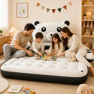 Cute Bear Inflatable Air Sofa Bed with Removable Backrest, Pillows & Cup Holders, Portable Blow-Up Air Mattress for Indoor Outdoor Camping, Travel, Back-to-School Gift