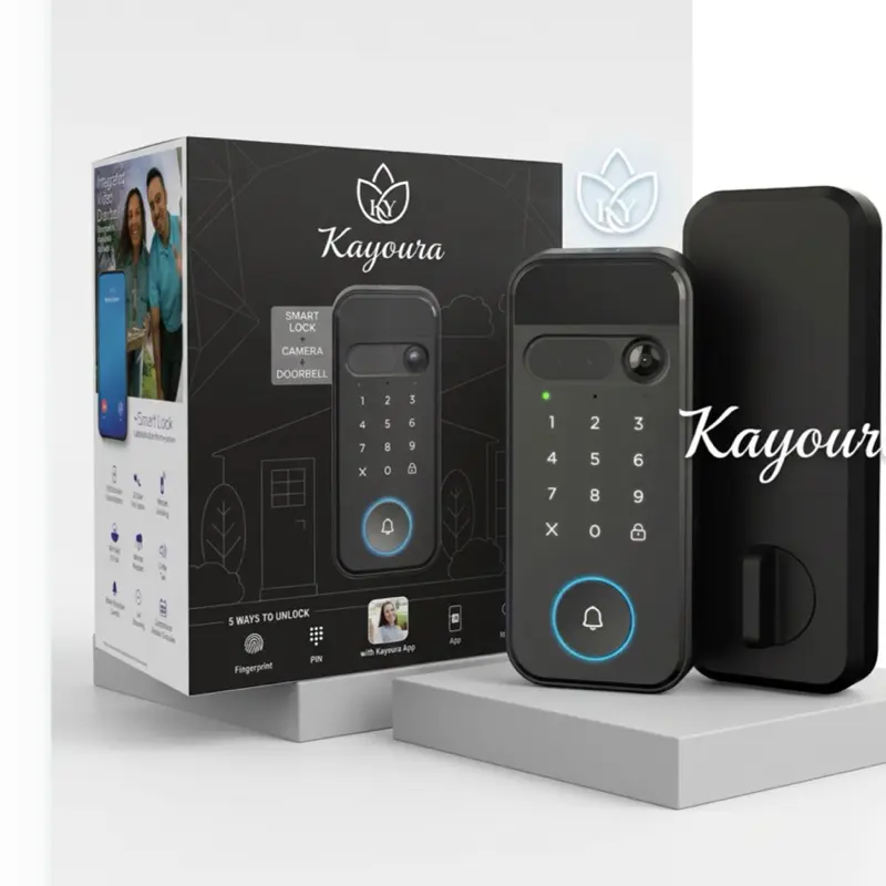 Kayoura 3-in-1 Smart Lock with 2K HDR Video Doorbell Camera, Face Access, Fingerprint Access, PIN & App Control – Intelligent Entry with Color Night Vision & Two-Way Audio biometric deadbolt wireless wifi doorbell porch security monitoring motion sensor d