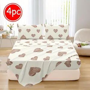 Heartbeat Wave Pattern Bedding Set, Including 1 Fitted Sheet & 1 Flat Sheet & 2 Pillowcase without Filler, Soft Comfortable Bedding Set for Home Bedroom