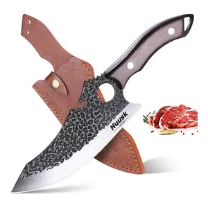 Huusk Knife for Meat Cutting, Caveman Knives for Vegetables Butcher Knife with Full Tang Handle Viking Knife  Blade Steel Knives with Opener & Sheath for Kitchen BBQ Camping Outdoor