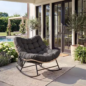 Outdoor & Nursery Rocking Chair – Heavy Duty 450lbs Metal Frame – Thick Water-Resistant Cushion – Sturdy Rubber Wood Legs, Side Pocket – Ideal for Patio, Garden, Living Room or Nursery – Beige/Gray