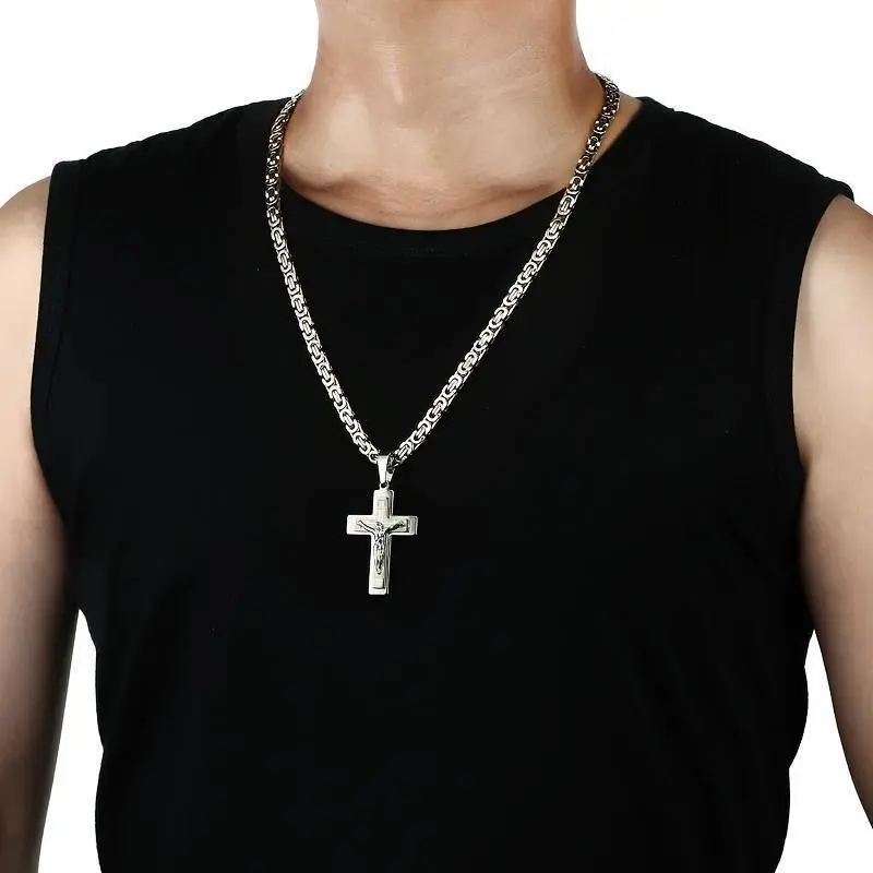 Men's Stainless Steel Triple Cross Pendant Necklace with U-Shaped Flat Link Chain - Golden-Tone Religious Jewelry for Casual & Formal Wear Men's Stainless Steel Triple Cross Pendant Necklace with U-Shaped Flat Link Chain - Golden-Tone Religious Jewelry for Casual & Formal Wear