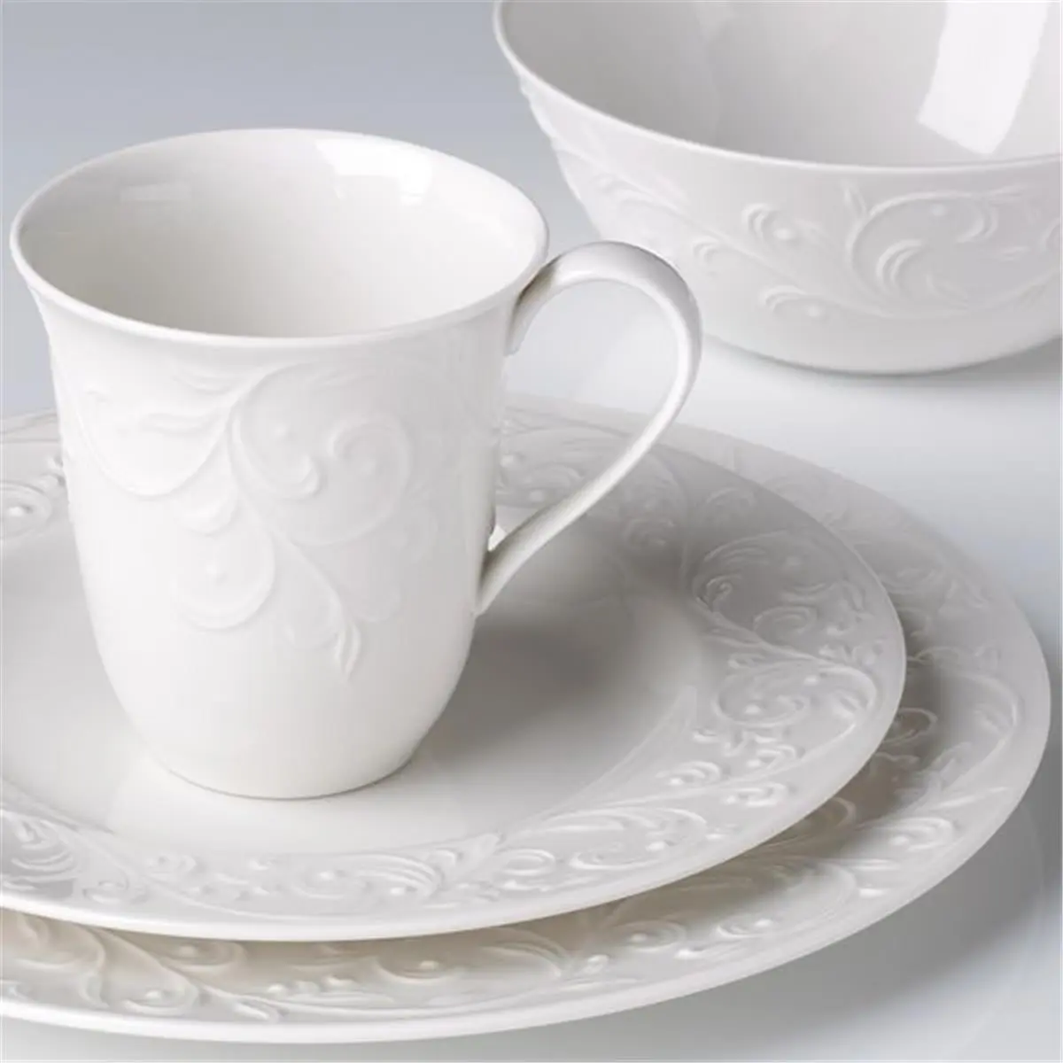 212 MAIN Lenox Opal Innocence Carved 4-Piece Porcelain Dinnerware Set, Casual Microwave-Safe Porcelain Dishes Set Including Tableware Bowls and Dining Plates