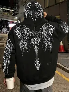 Dark Metal Skull Cross Hoodie, Cyber Goth Graphic Pullover Hoodie, Black Opium Aesthetic Top, Grunge Fan Gift, Men's Shirts, Menswear, Gift For Him