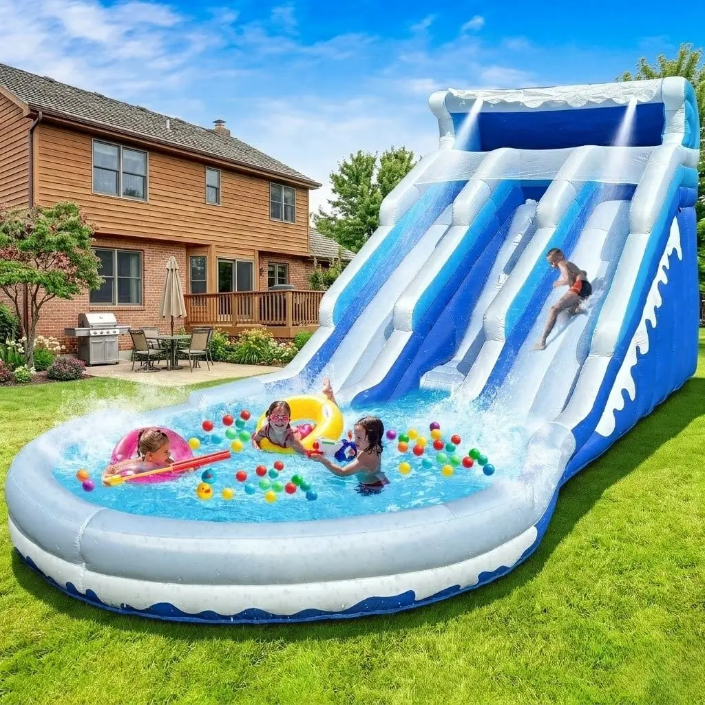 Cessbong Inflatable Water Slide for Kids and Adults with Better Drainage and Durability - Fun Outdoor Play with Easy Setup, Kids Summer Splash Fun (Dual Slide Blue Waves)