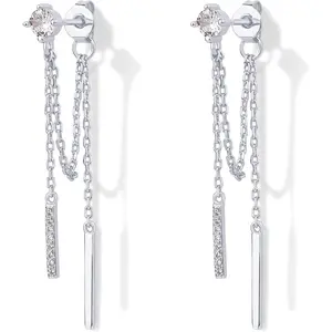 Sterling Sier Posts Drop Dangle Chain Earrings for Women | Dangling Chain Studs | Cubic Zirconia Ball Threader Earscapes Earrings