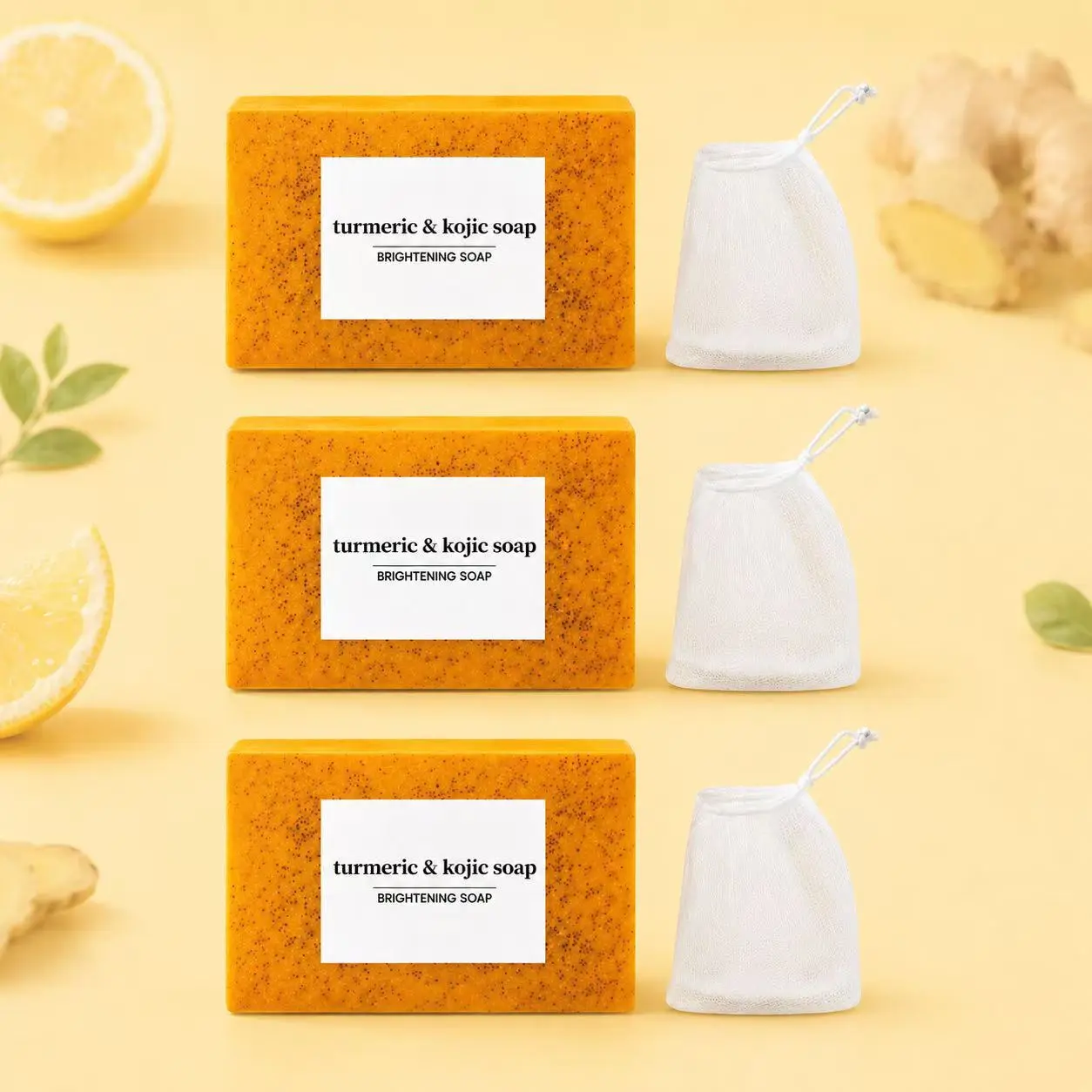 3PCS Organic Lemon Turmeric Kojic Acid Brightening Soap, Gentle Face Body Wash Cleanser, Dark Spot Remover, Acne Scar Fader, Hyperpigmentation Treatment, Brightening Dull Skin, soap turmeric bar body wash Skin Repair Cleansing