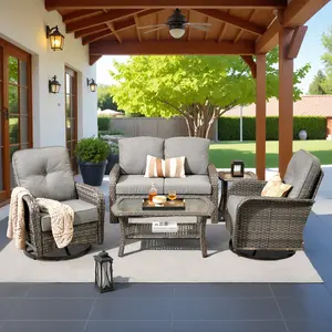【2 Packages Shipping】OVIOS 5-Piece Outdoor Patio Furniture Set with Wicker Sofa, Swivel Chairs & Coffee Table, High Back Loveseat with Cushions for Backyard Patio Porch Deck Garden Outdoor Seating