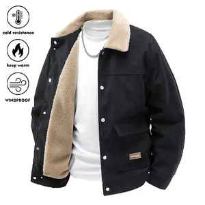 New Winter Warm Jacket For Men, Casual Trendy Versatile Fleece Lined Coat, Corduroy With Pockets Buttoned Cotton Outerwear Suitable For Daily Wear Menswear Tops Black Beige