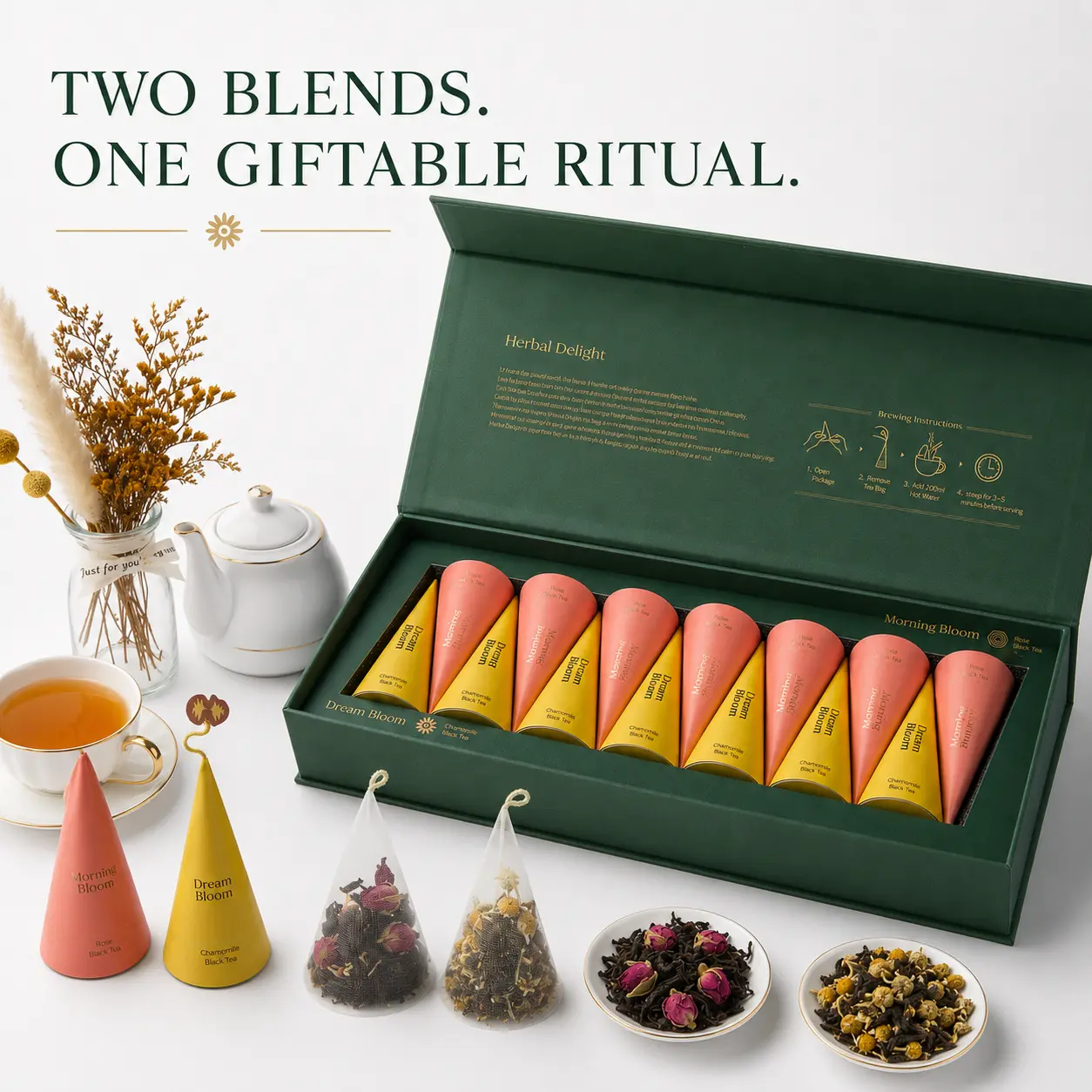 Herbal Delight Botanical Tea Gift Set | Pyramid Tea Bags for Morning & Evening Rituals | Premium Afternoon Tea Gift Box