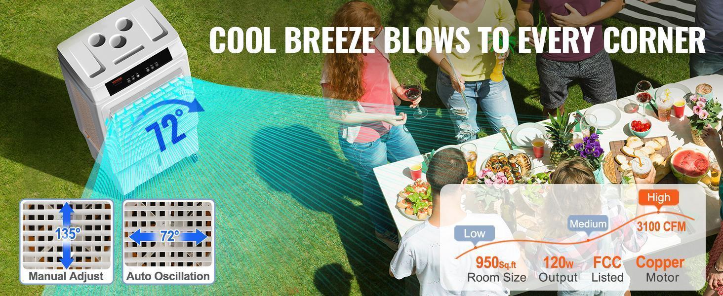 VEVOR Evaporative Air Cooler, TikTokShopBlackFriday, 3100 CFM, 135° Oscillating Swamp Cooler with Adjustable 3 Speeds and 12 H Timer, 9 Gal Portable Air Cooler for 950 Sq.ft, Indoor/Outdoor Use