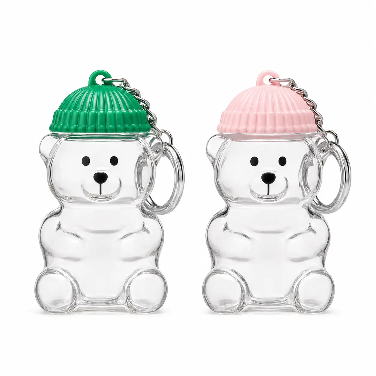 Mini Clear Bear Keychain with Ribbed Beanie Lid - Cute Green or Pink Fashion Accessory for Backpacks, Purses
