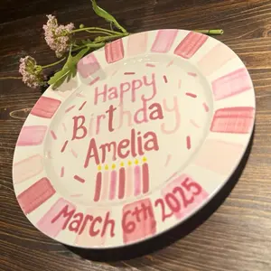 Personalized Girl Birthday Plate – Custom Name Birthday Cake Plate – Handpainted Pink Keepsake – Food Safe
