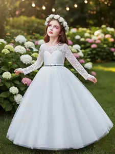 Heart Flower Girl Dress, Lace Long Sleeve, Elegant Ball Gown, Special Occasion, Multi-Layer Net Design, Rhinestones, Wedding Party Pageant, Sparkly Dress