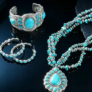 Bohemian Imitate Turquoise Jewelry Set, Layered Beaded Necklace, Hoop Earrings & Cuff Bracelet,4PCS Western Style, Perfect for Beach Days, Festivals or Casual Boho Outfits, Adds a Stunning, Earthy Vibe to Any Look