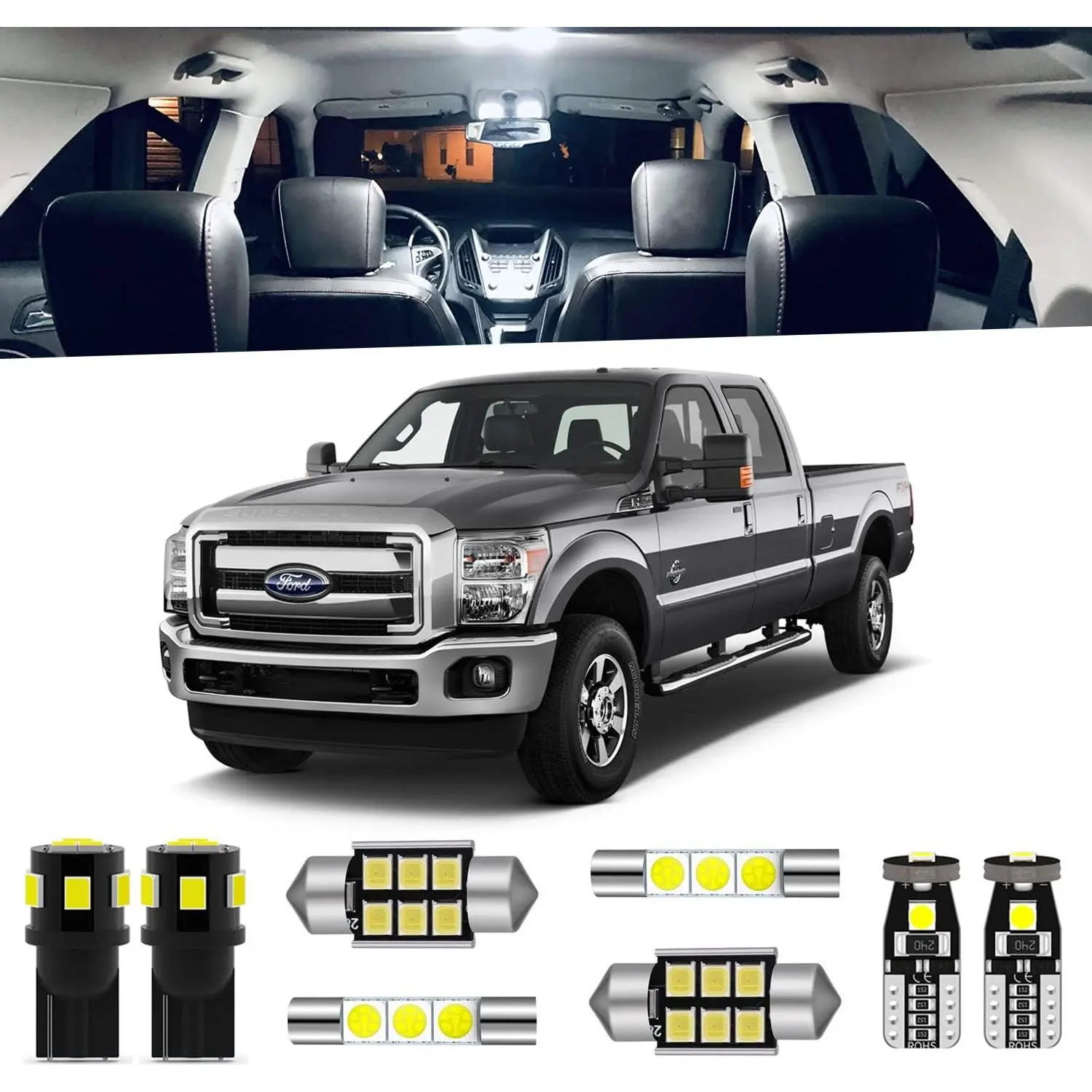 14-Pieces F250 F350 Interior LED Light Kit for 1999-2016 Ford F-250 F-350 Super Duty White 6000K Interior LED Lighting Package + Cargo Lights, License Plate Lights, Install Tool