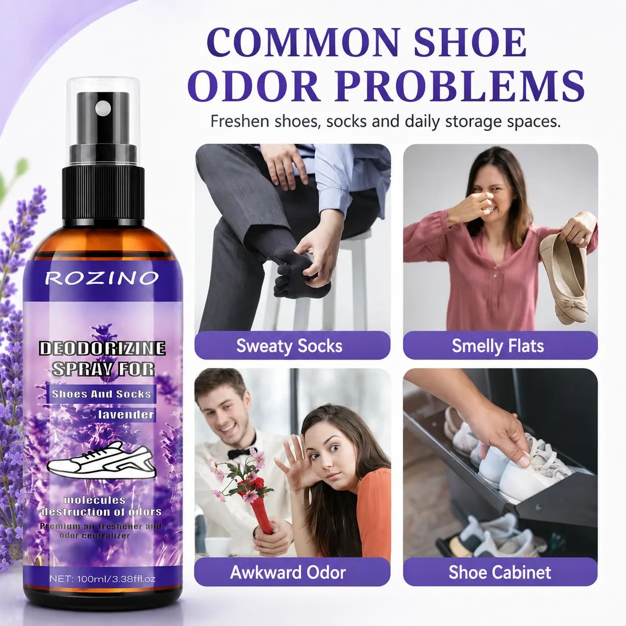 ROZINO Shoe Deodorizer Spray with Lavender Scent, Odor Eliminator for Shoes & Socks, Freshening Spray for Sneakers, Boots, Gym Bags, Closets and Lockers, Long-Lasting Footwear Freshener, Portable Shoe Spray, 100ml
