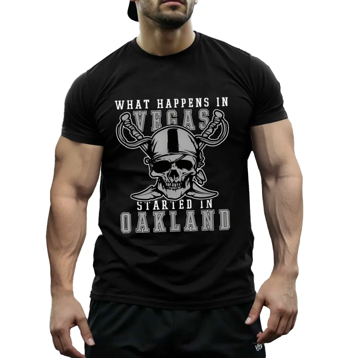 Men's Cotton "What Happens In Vegas Started In Oakland" Football Raiders Short-Sleeve Round Neck T-Shirt - Menswear, Breathable Casual Fit Top for Streetwear, Daily Outfits