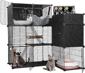 Cat Cage with Storage, Indoor Cat Cages with Litter Box, DIY 3 Tier L-Shape Metal Cat Enclosures Catio Playpen Crate Kennel with Hammock, Bed, Scratching Post for 1-2 Cats