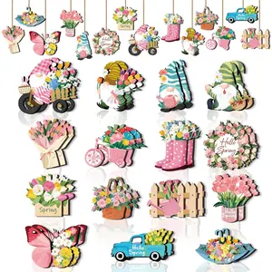 30 Pcs Spring Flower Wooden Hanging Ornaments for Easter Tree Spring Summer Party Home Decorations