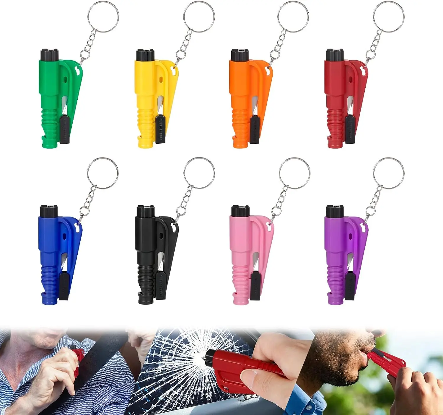 8-Pack 3-in-1 Automotive Emergency Escape Multi-Tool Keychains - 8 Colors, Window Breaker, Seatbelt Cutter, 80dB Emergency Whistle, Car Interior Safety Accessory to Cut Through Jammed Seatbelts