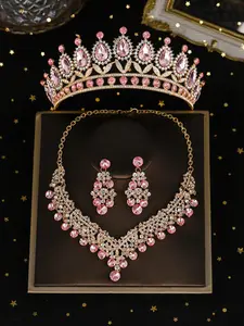 Elegant Rhinestone Decorated Crown & Necklace & Earrings, Wedding Bridal Jewelry Set, Fashion Accessories for Party, Daily Clothing Decor for Girl, Fashionable Jewelry Set