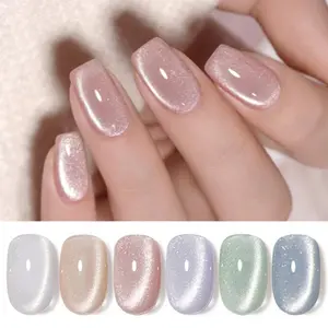 BORN PRETTY Milky Jelly Cat Magnetic Eye Gel Nail Polish Set With Magnetic Stick Glitter Blue Green Purple Pink Nude Silver French Nail Art Gel Manicure Salon DIY At Home Ideal Gifts 6PCS Cat Eye Gel Polish Christmas Nails