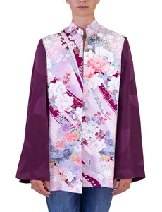 MORPHEW COLLECTION Purple Floral Japanese Kimono Silk Jacket With Solid Sleeves