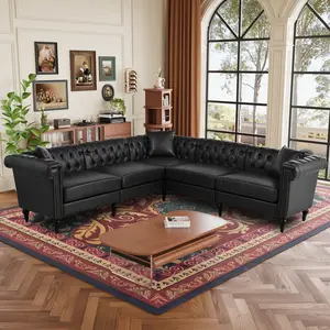 Sectional Sofa Couch for Living Room L Shaped Reversible Modern Chesterfield Sofa with Rolled Arms and Nailhead 5 Seat Tufted Couch for Small or Large Space PU Leather Black