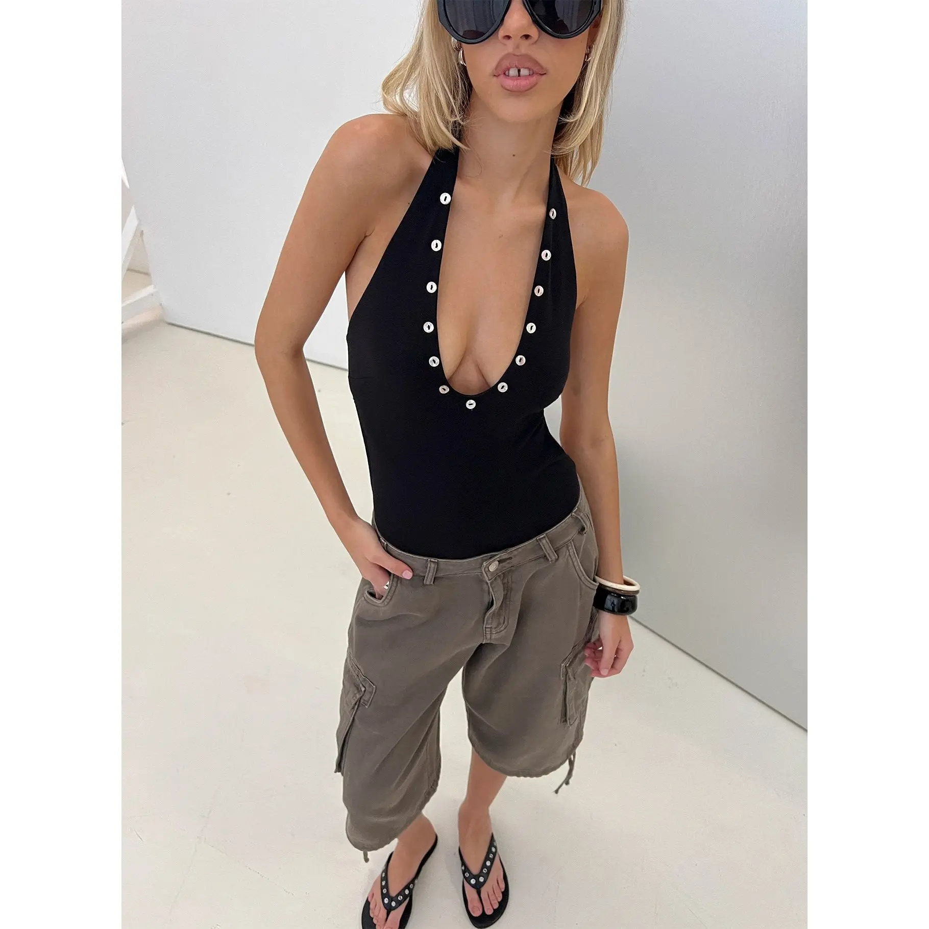 Cacilie Plunge Shell Bodysuit Black
