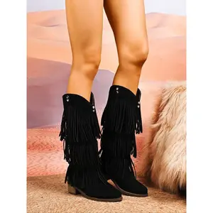 Women's Western Style Tassel Rivet Boots, Vintage Thick Sole Mid-Calf Denim Style Comfortable Outdoor Single Shoes